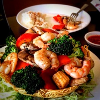 Chinese Food Prawn and Vegetables in a Noodle Nest from the Mekong Restaurant